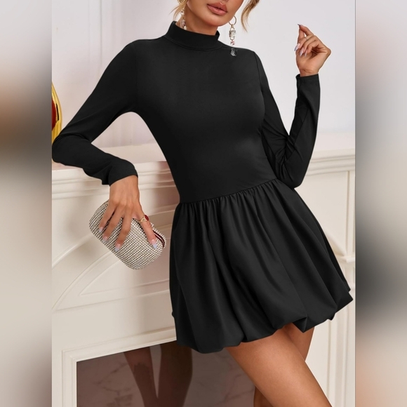 Black Fit and Flare Mock Neck Bubble Dress - Picture 3 of 3